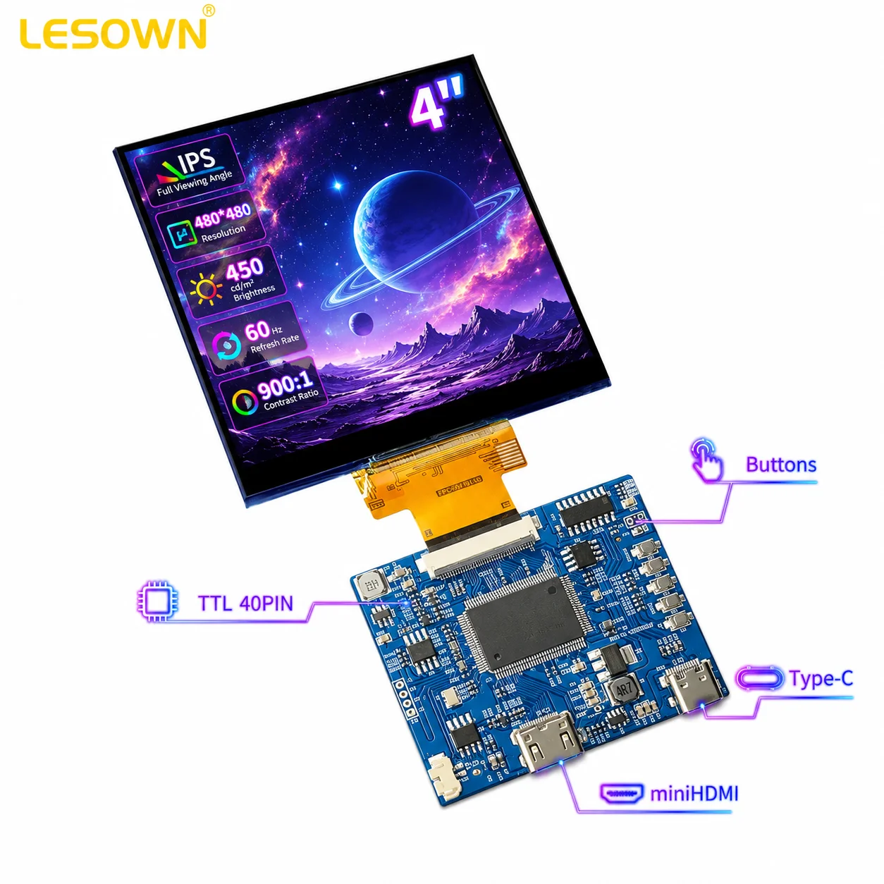 LESOWN MiniHDTV Touch Monitor 4 inch Plug-and-Play 450 nits Square Módulo de Visualización with Audio