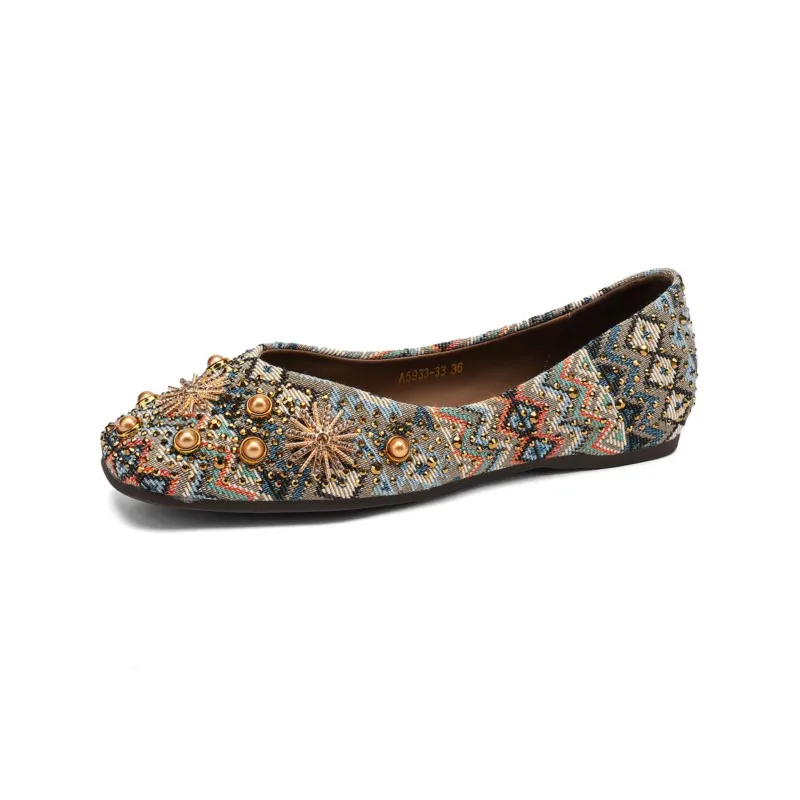 Traditional Chinese retro square-toe flat shoes for women, summer rhinestone ethnic style low-cut round-toe shoes