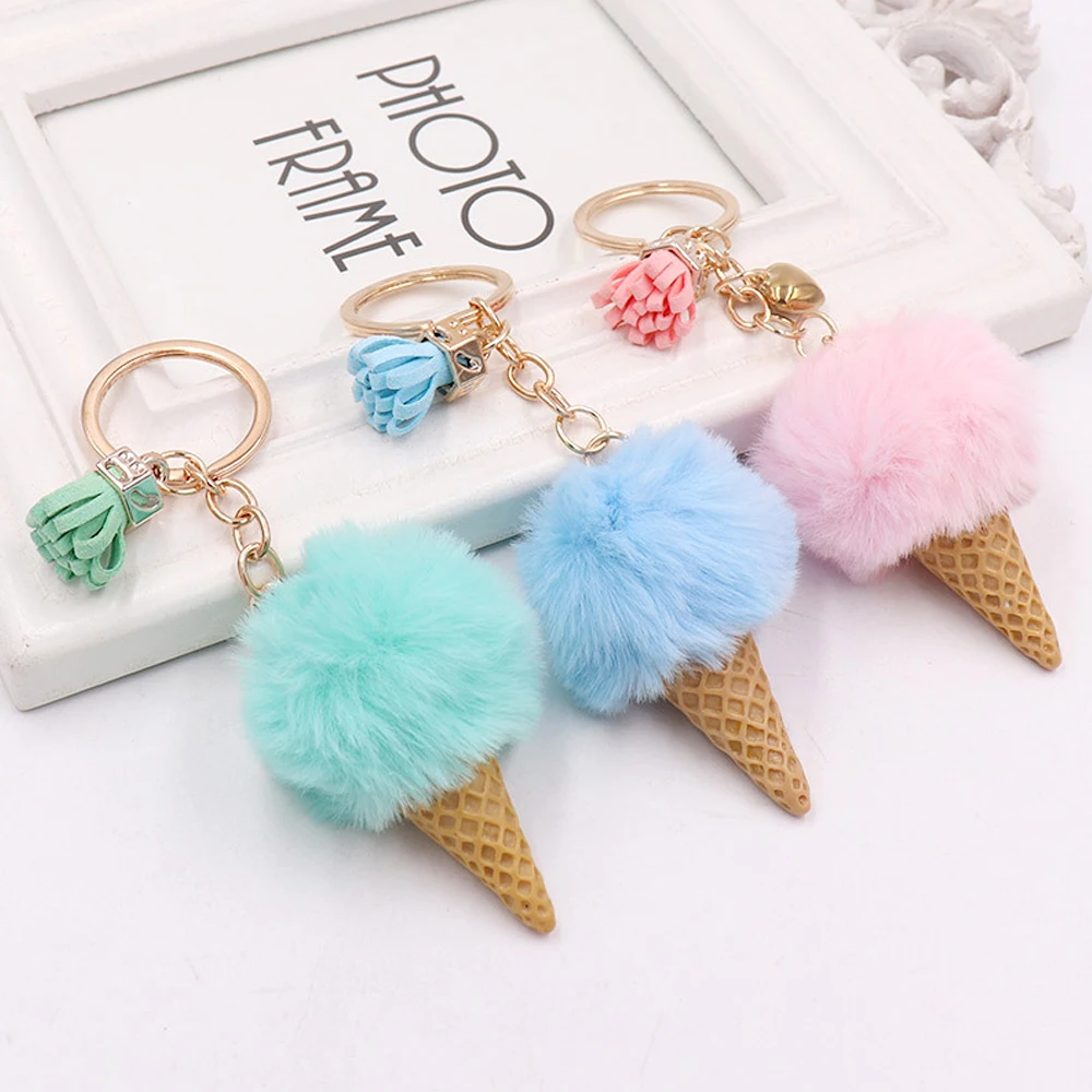 Creative Ice Cream Pendant Keychain Cute Fluffy Pom Pom Plush Keyring For Women Girls Wallet Handbag Ornament Decoration Gifts