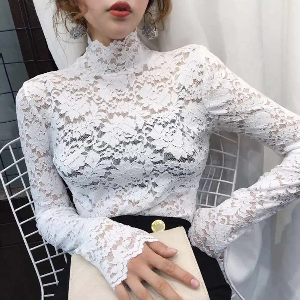 

Half High Collar Lace Women Blouse Long Sleeves See-Through Sexy Lace Blouse Women Elegant Crochet Hollow Floral Blouse Shirt