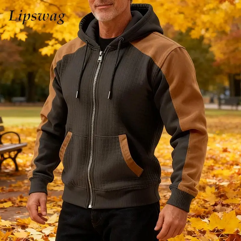 

Autumn Winter Warm Fleece Jackets For Men Outdoor Casual Drawstring Hooded Jacket Coats Mens Vintage Patchwork Outerwear