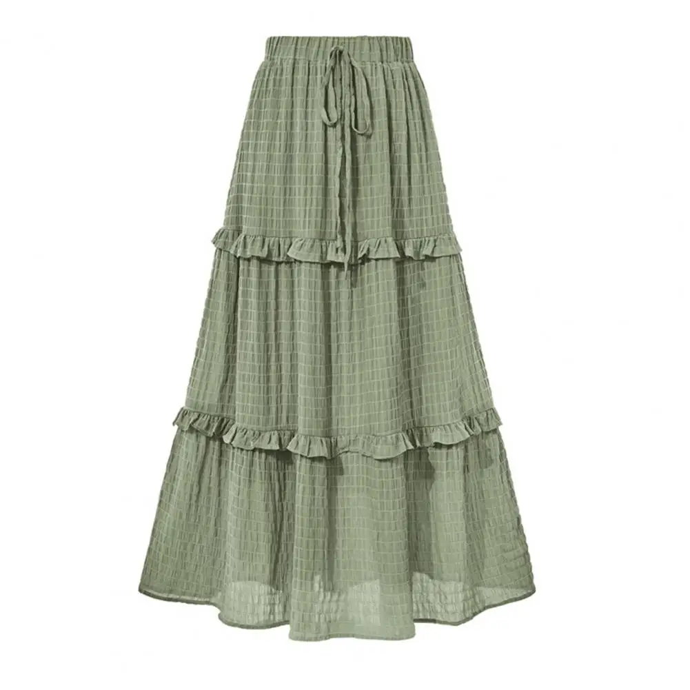 Women Midi Skirt Elastic High Waist Adjustable Drawstring Pleated Skirt Solid Color Ruffle Stitching A-Line Skirt Daily Wear