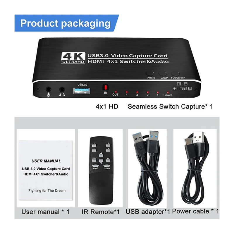 4K Video Capture Card 1080P 60Fps -Compatible To USB 3.0 Camera Grabber Game Capture Recording For Live Streaming