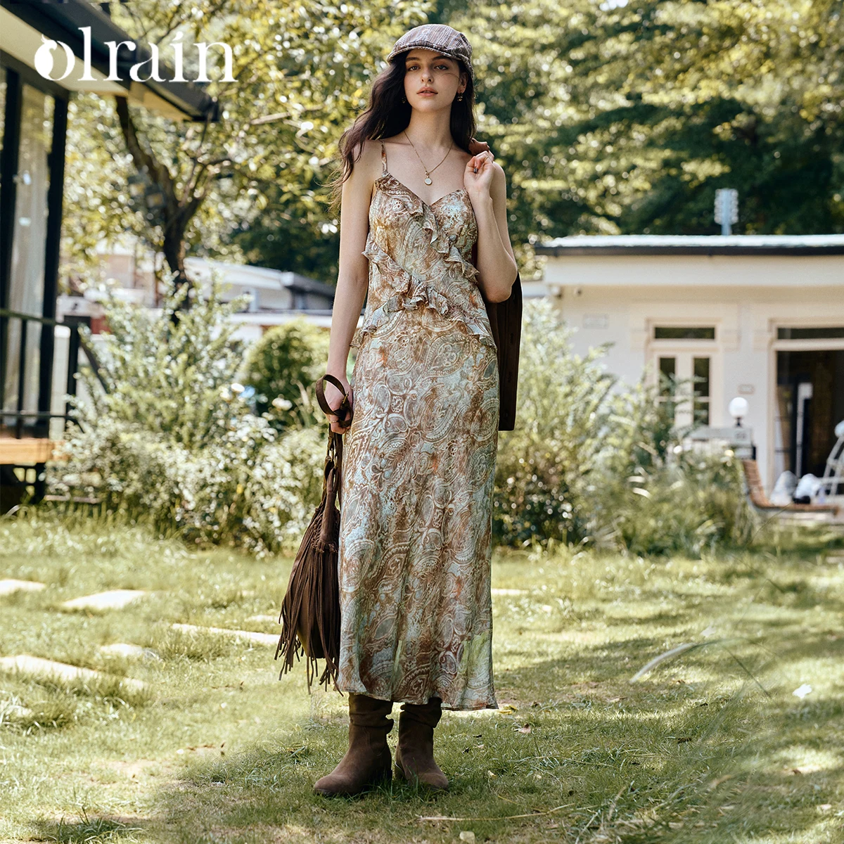 

OLrain Women's Bohemian Flounce Suspender Dress Sleeveless Maillard Brown Tiered Layered Autumn 2025 New Dress O57QL000526