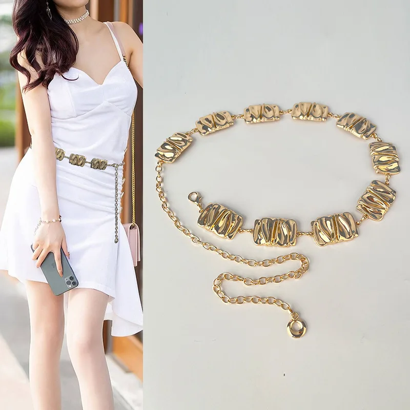 

Fashion Irregular Rectangular Metal Waist Chain for Women Elegant Dress Accessory French Style Braided Belt Chain Accessories