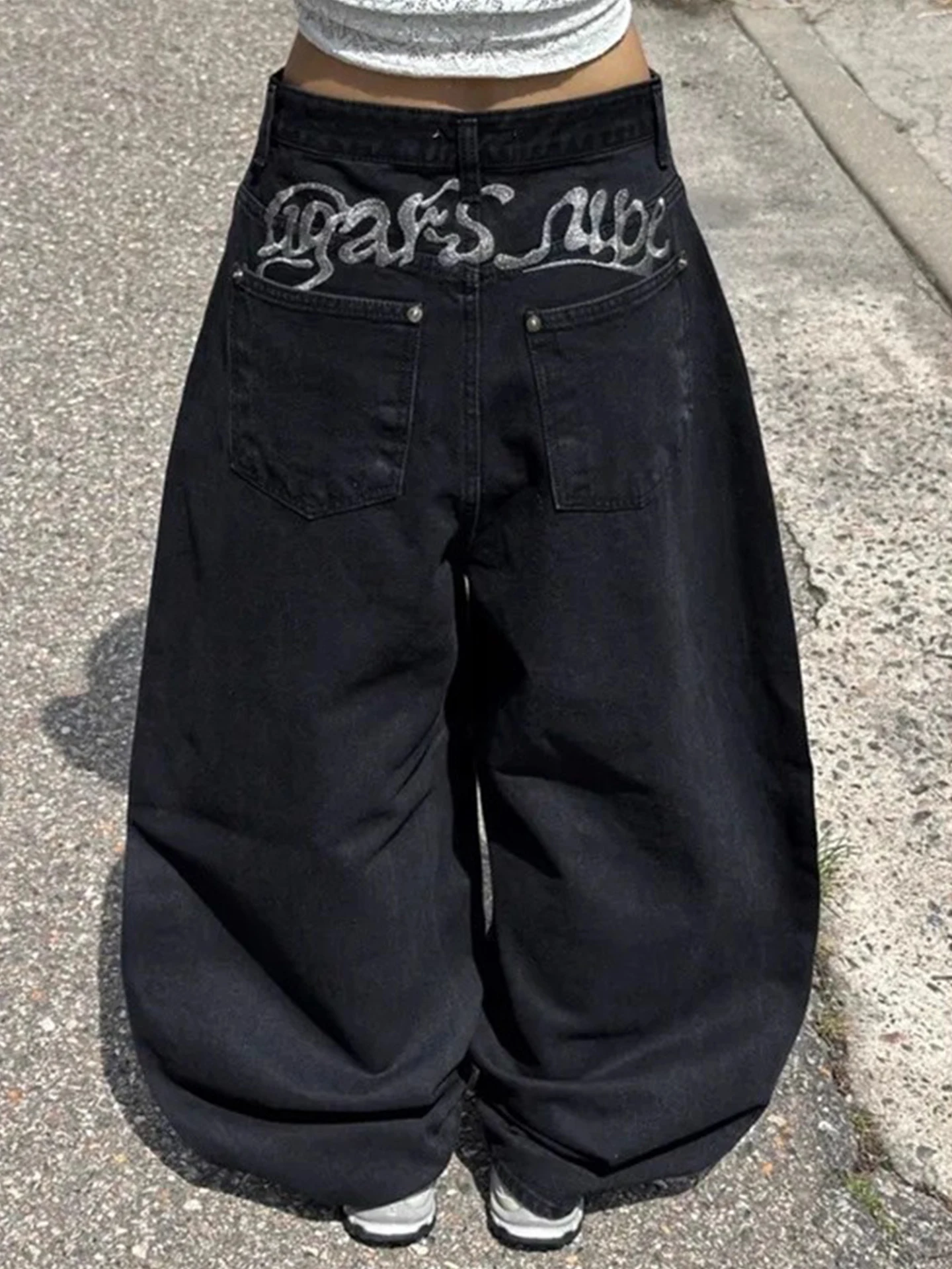 

Retro American Sle Embroidered Letter Print Distred Denim Lantern Pants High Waist Women's Autumn Faion Commute Sle