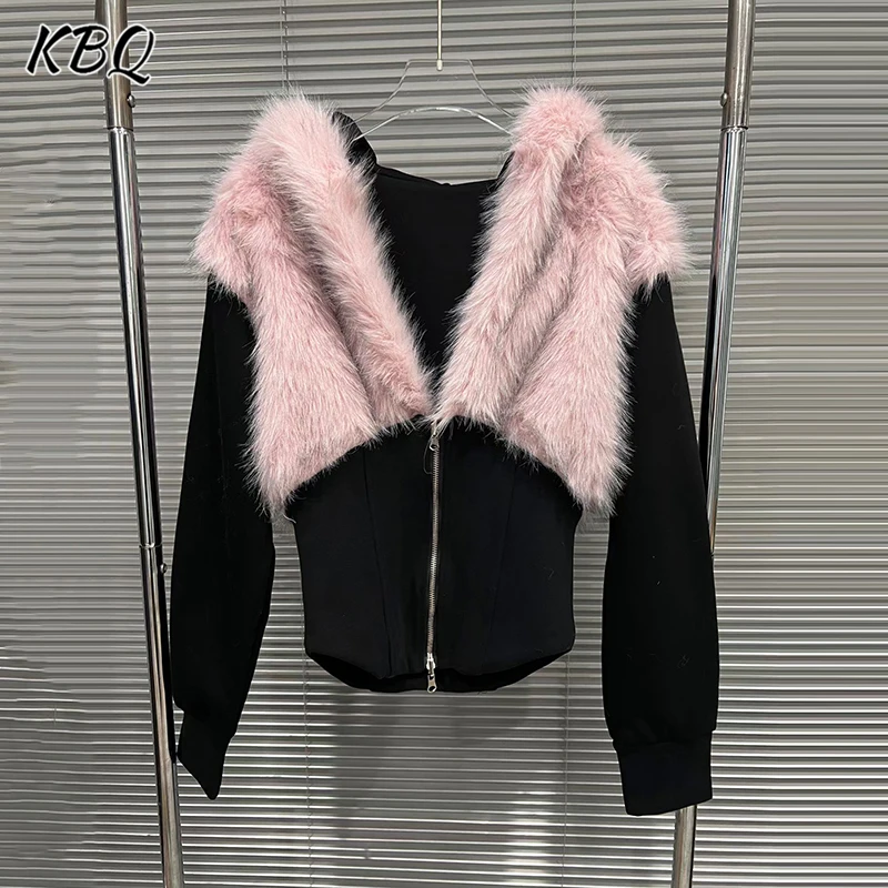 

KBQ Hit Color Slimming Spliced Zipper Coats for Women V Neck Long Sleeve Patchwork Feather Elegant Coat Female Fashion Style New