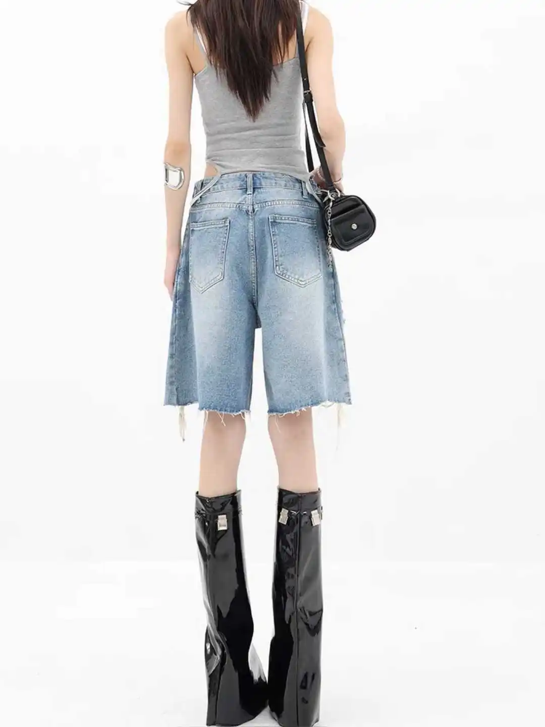 Summer Women American Boyfriend Ripped Denim Shorts Y2K 2000s Japanese Punk Harajuku Streetwear Tide Jean Knee Length Pants New view 5