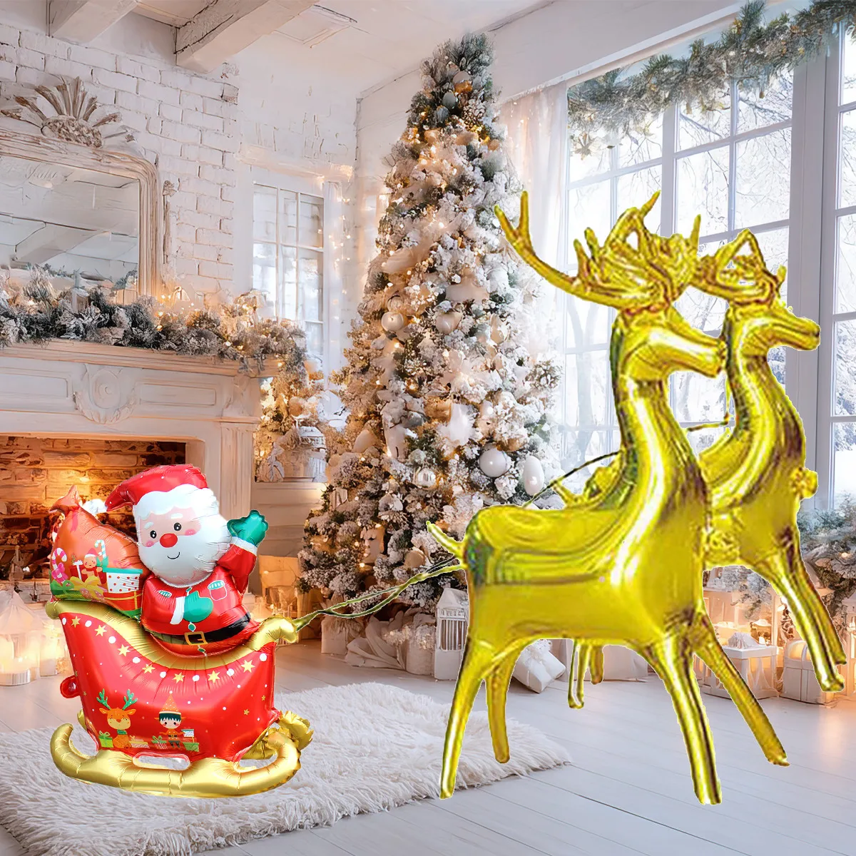 3D Stand Christmas Deer Pull Santa Claus Sleigh Foil Balloons Set Gold Elk Balloon Christmas Decorations for home store Navidad