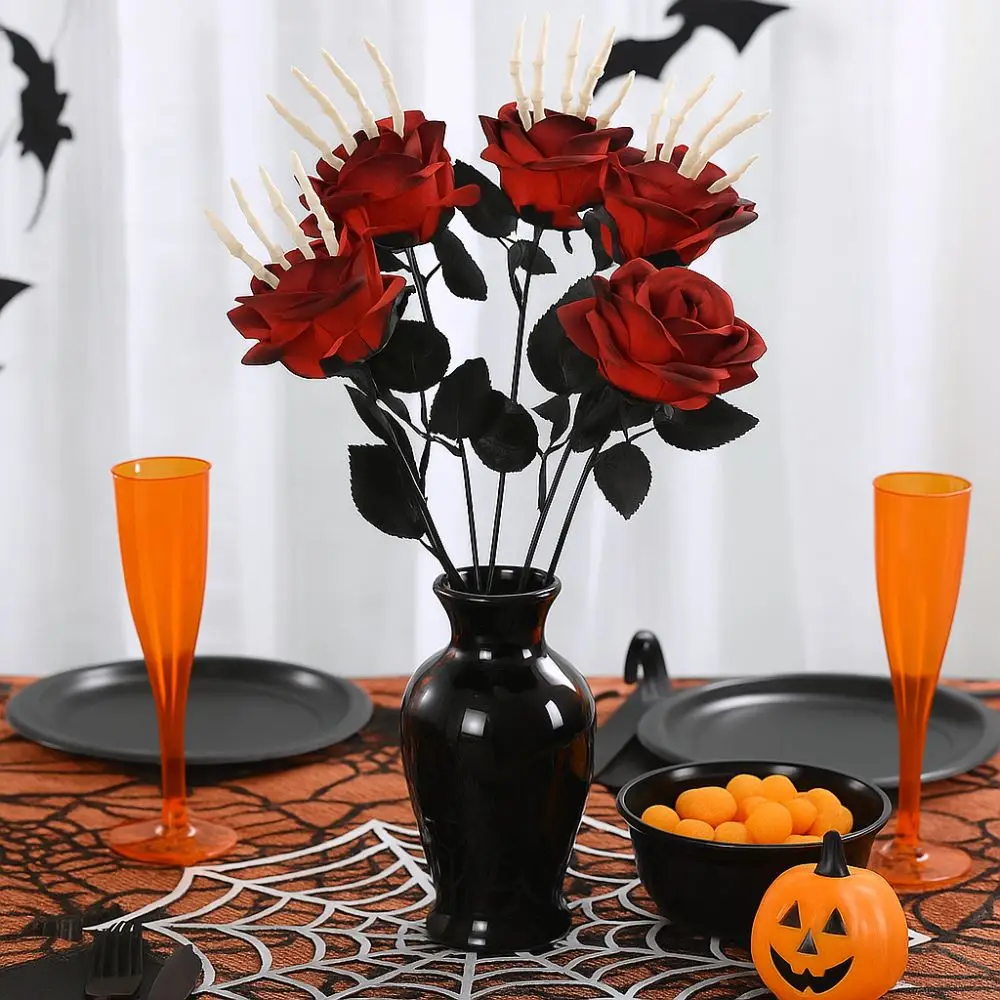 

49cm Halloween Artificial Rose Realistic Gothic Skeleton Hand Rose Bouquet Handmade Simulation Fake Flower Ghost Festival