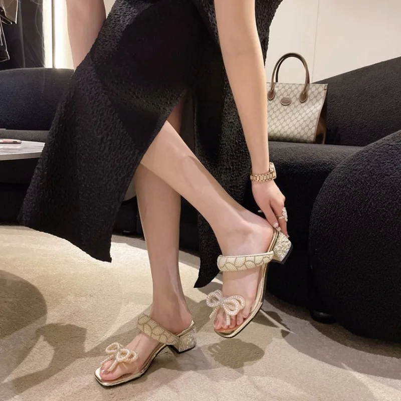 2024 New Fashion Summer Shoes Women Daily Party Club Pearls Beaded Rhinestone Bowknot Design Chunky Heel Sandals Sandalias Mujer