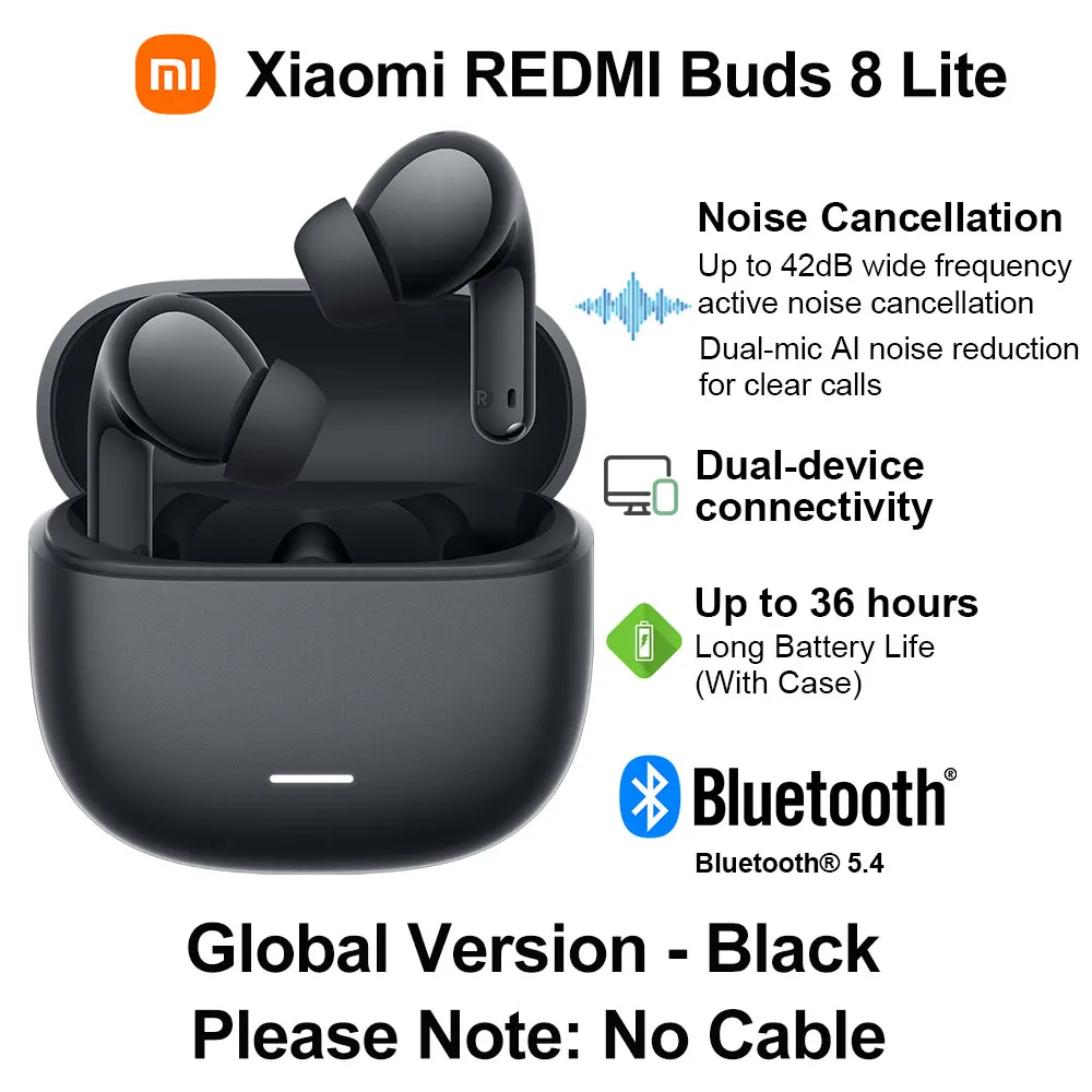 Nieuwe Xiaomi REDMI Buds 8 Lite draadloze Bluetooth-oortelefoon, 42dB ANC 12,4 mm driver BT5.4 Tot 36 uur, Dual-mic AI ruisonderdrukking
