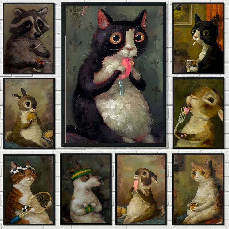 Funny Black Meow Super Rabbit Smoking Raccoon Cute Animals Poster Canvas Painting Print Wall Art Picture for Living Room Decor