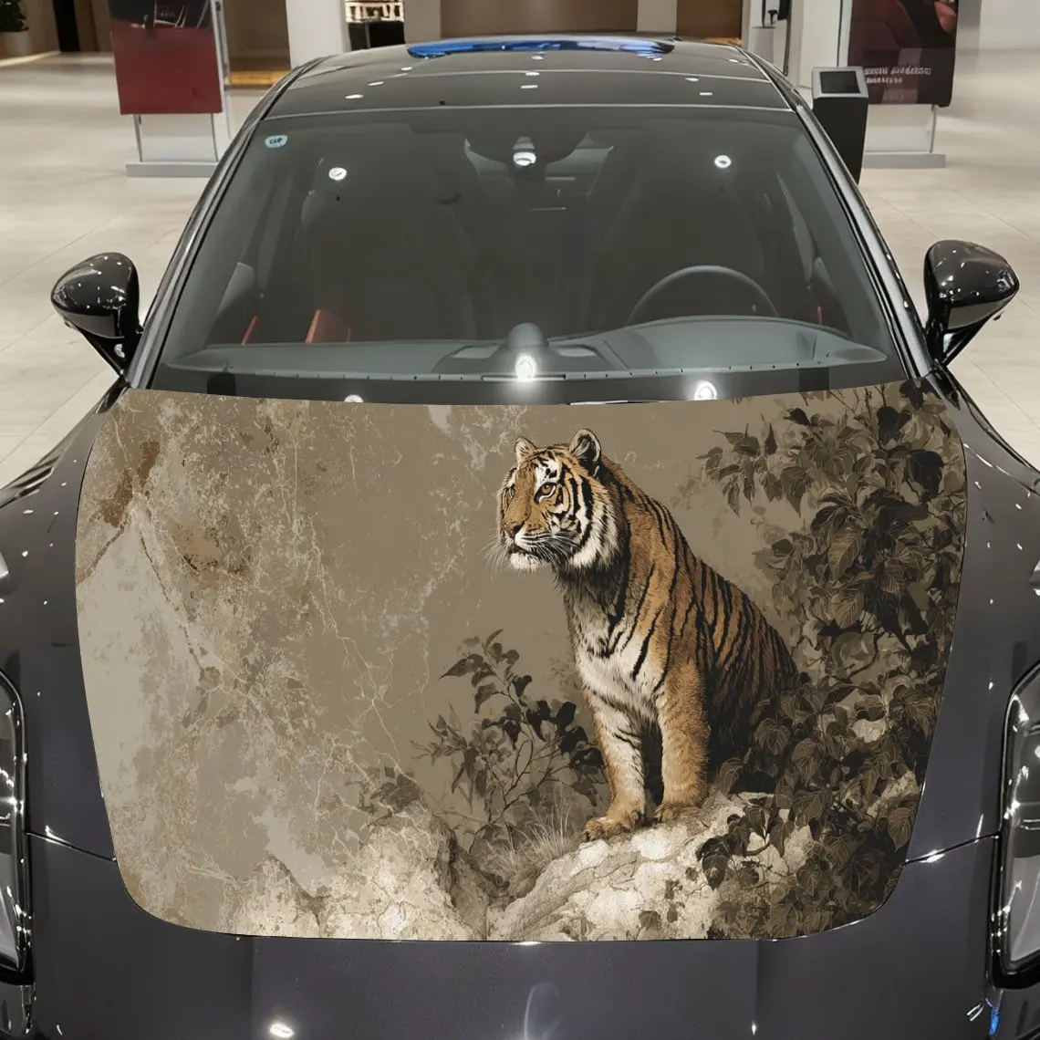 

Car Decal Tiger with Earthy Textured Artistic Background & Ferocious-Wilderness Aesthetic Car Hood Sticker, Waterproof Self - Ad