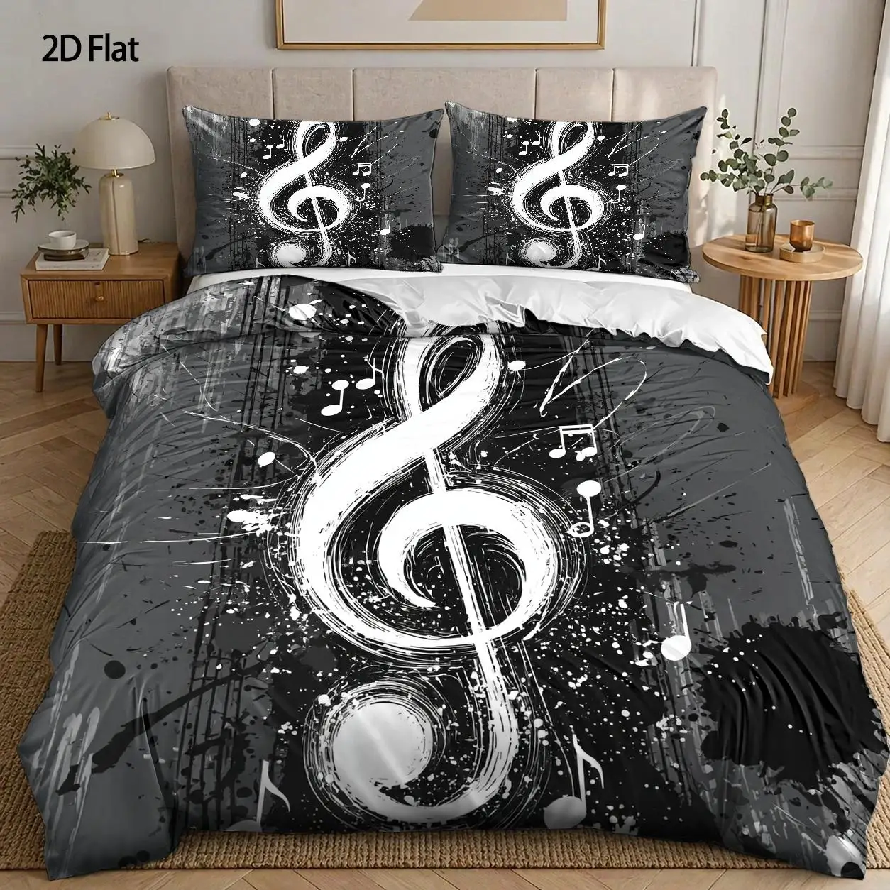 3-Piece Quilt Cover Set, 1 Quilt Cover + 2 Pillowcases (Without Filling), White Music Symbol Theme, Abstract Graffiti Style, Music Festival, Machine Washable, Suitable for Home, Dormitory, Master Bedroom, Guest Room