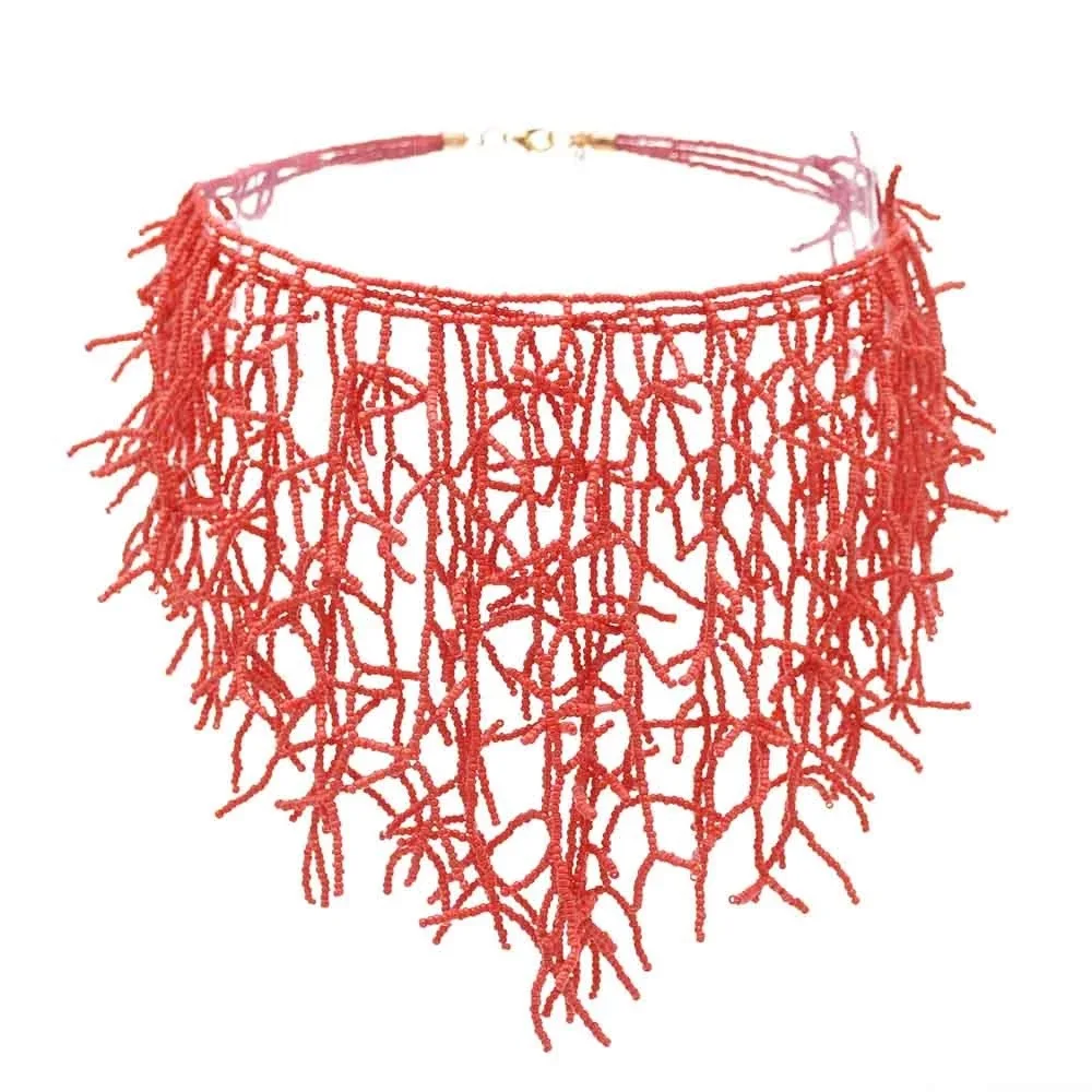 Unique ZA Large Faux Red Coral Necklace for Women Long Handmade Acrylic Beads Tassel Chokers Necklaces Elegant Collar Jewelry