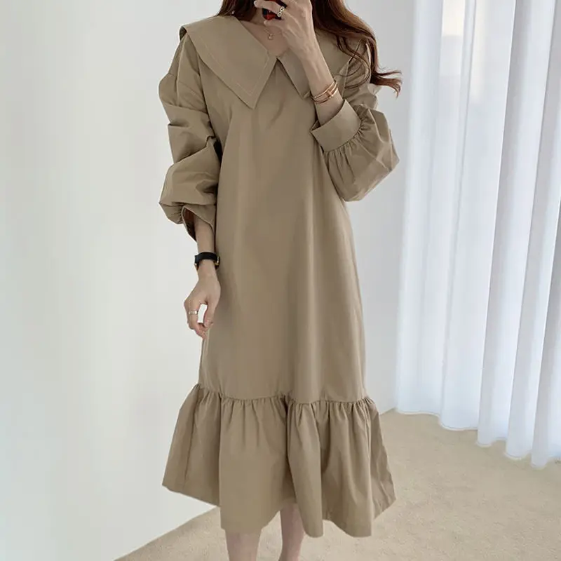 Korean Chic Autumn Niche Retro Ming Line Navy Neck Loose Fitting Flesh Blocking and Slimming Lantern Sleeve Mid Length Dress