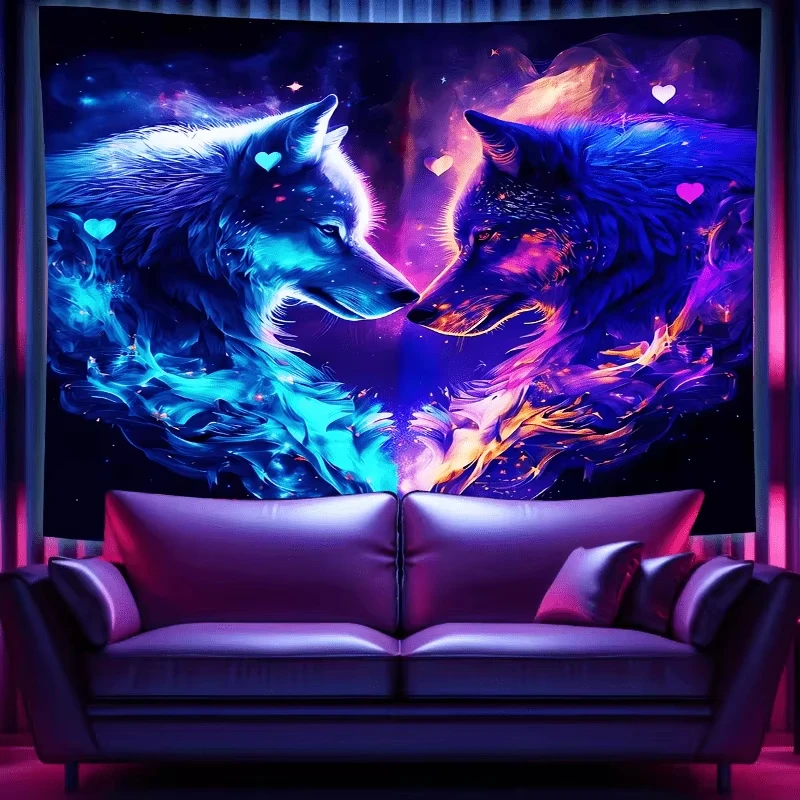 Couple Wolves Wall Tapestry Cosmic Love Art Neon Blue Purple Design Romantic Wildlife Mural For Bedroom And Living Room