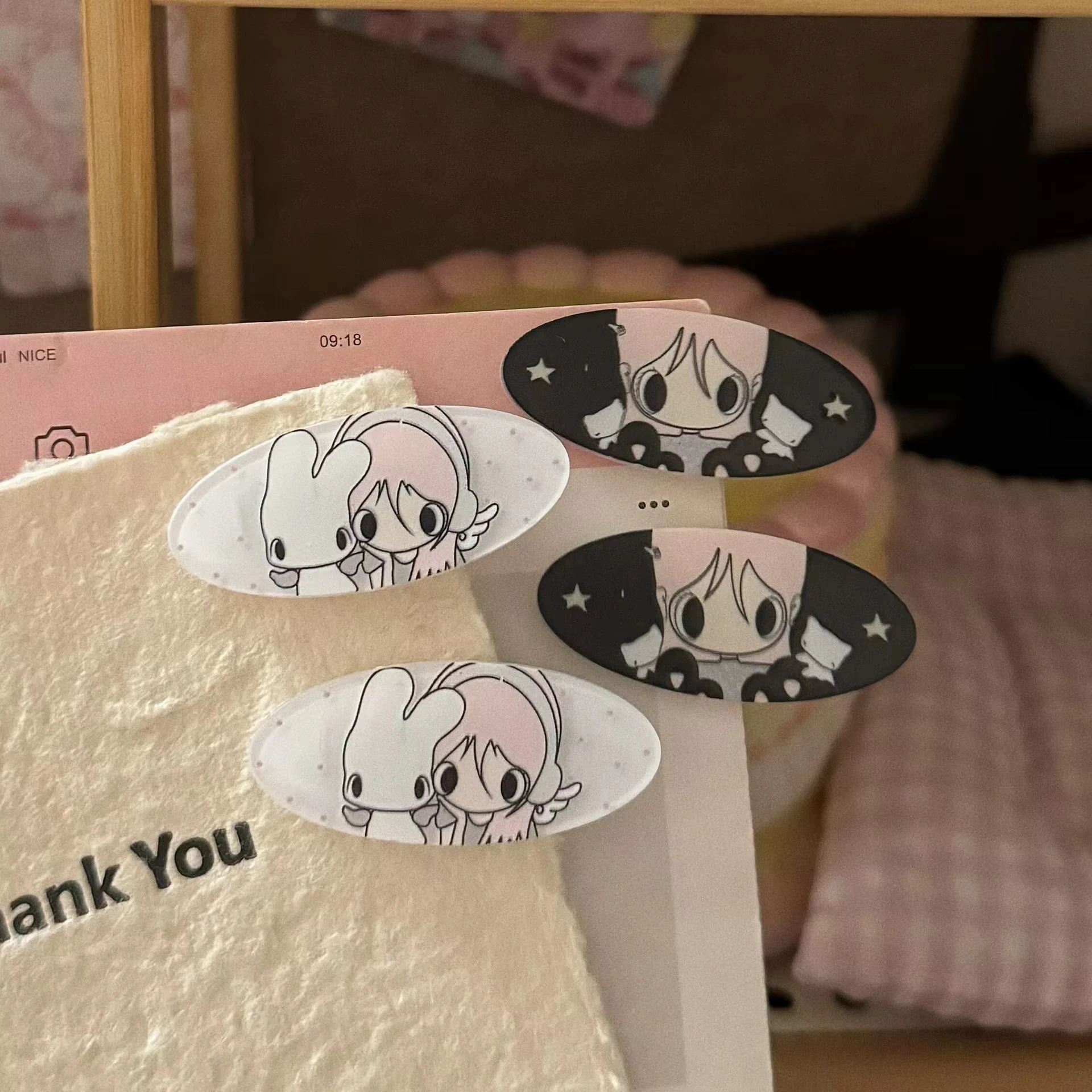 2Pcs/set Angel Girl Cartoon Hair Clip Set Star White Rabbit Print Oval Acrylic Side Barrettes Hairclips For Women Girls Jewelry