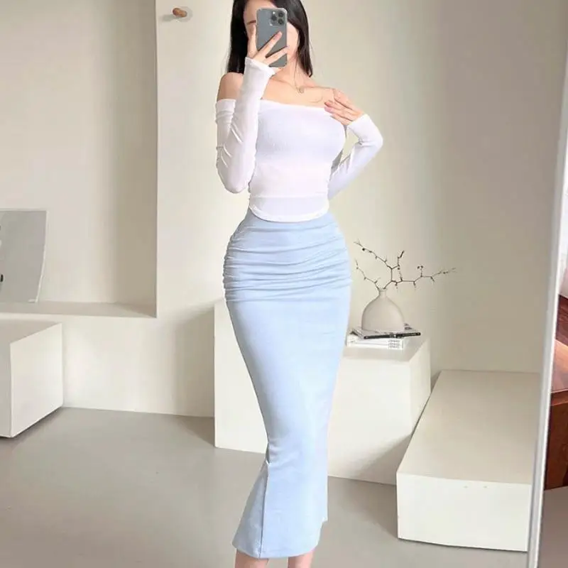 Spring Summer New Style High Waist Slim Fit Women's Skirt Pure Desire Tight Fit Split Long Gown Korean Version Knitted Dress
