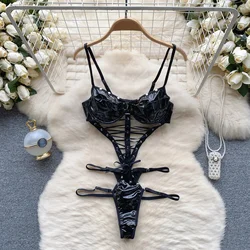 Sexy Hollow Strap Bra Bodysuit PU Leather Lace-up Slim Eronic Lingerie Hot Jumpsuit Playsuit Solid Backless Women Open Waist New