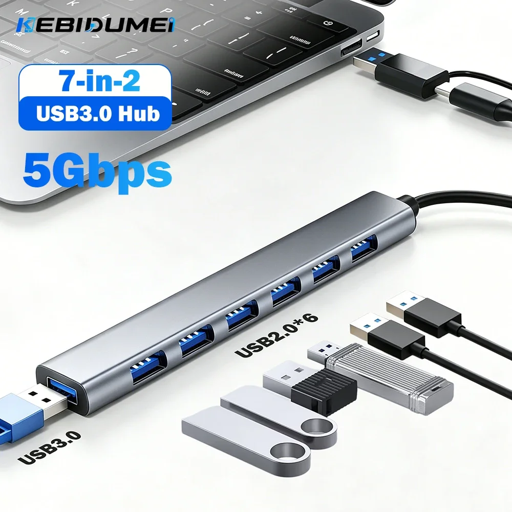 KEBIDUMEI 7 in 2 USB-Hub USB 3.0 5Gbps Hochgeschwindigkeits-Hub USB-Erweiterungs-Splitter OTG-Adapter aus Aluminiumlegierung für PC, Laptop, Macbook