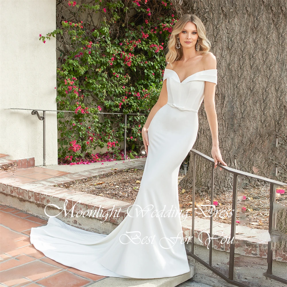 Simple V-Neck Off The Shoulder Mermaid Wedding Dress Women 2026 Pleat Open Back Sweep Train Buttons Vestidos De Novia Customized
