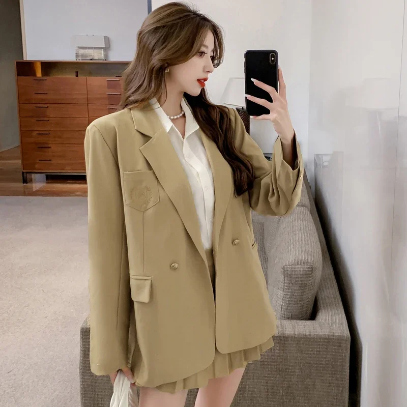 UNXX College Style Short Blazer Coat Pleated Skirt Sets Retro Casual Solid Color Loose Fitting Coats + Skirt Two-piece Set Women