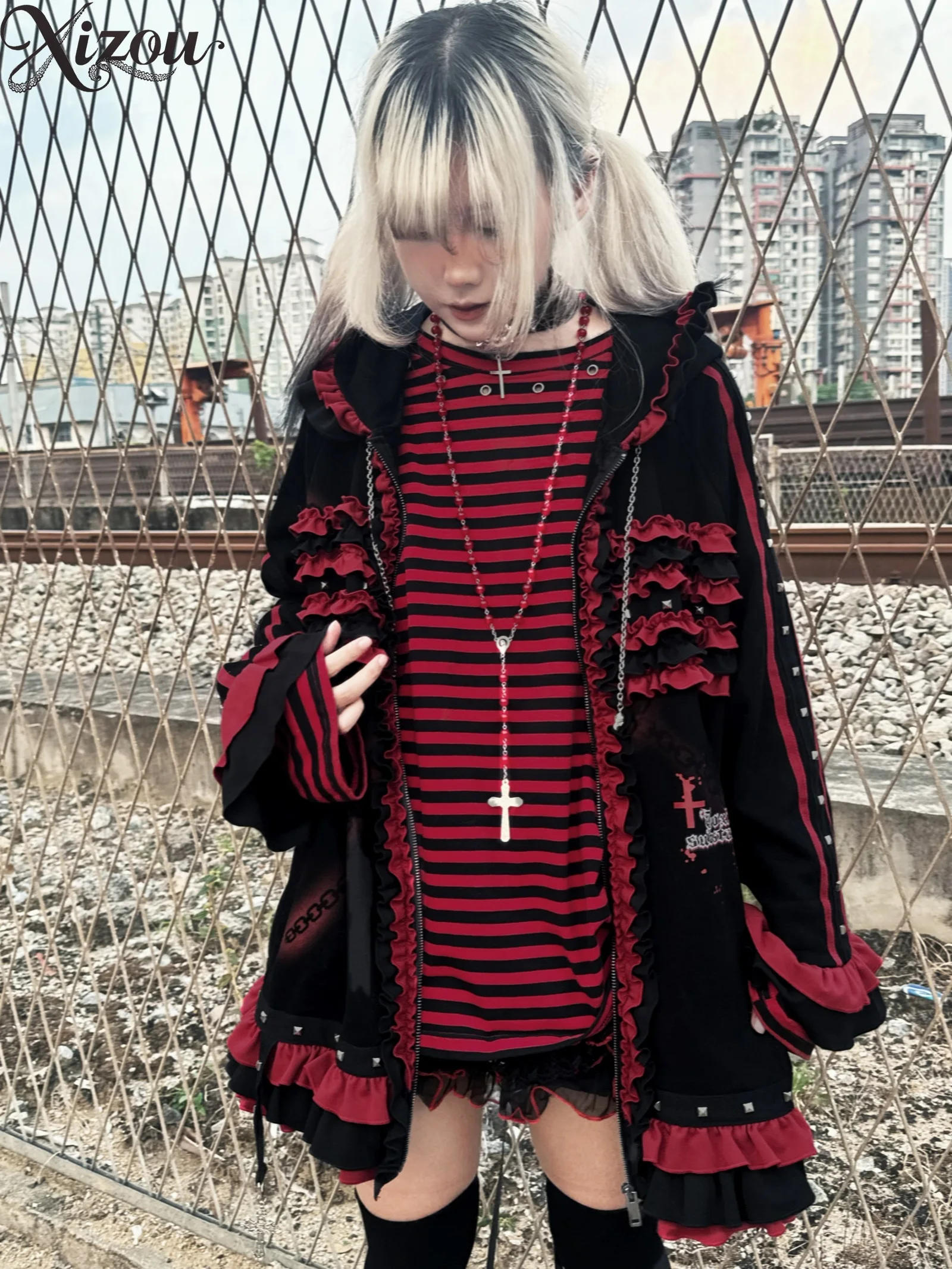 2025 اليابانية القوطية مقنعين سترة المرأة الخريف الشتاء أسود أحمر القط الأذن فضفاضة سستة طويلة الأكمام معطف خمر Y2k بلوزات #3