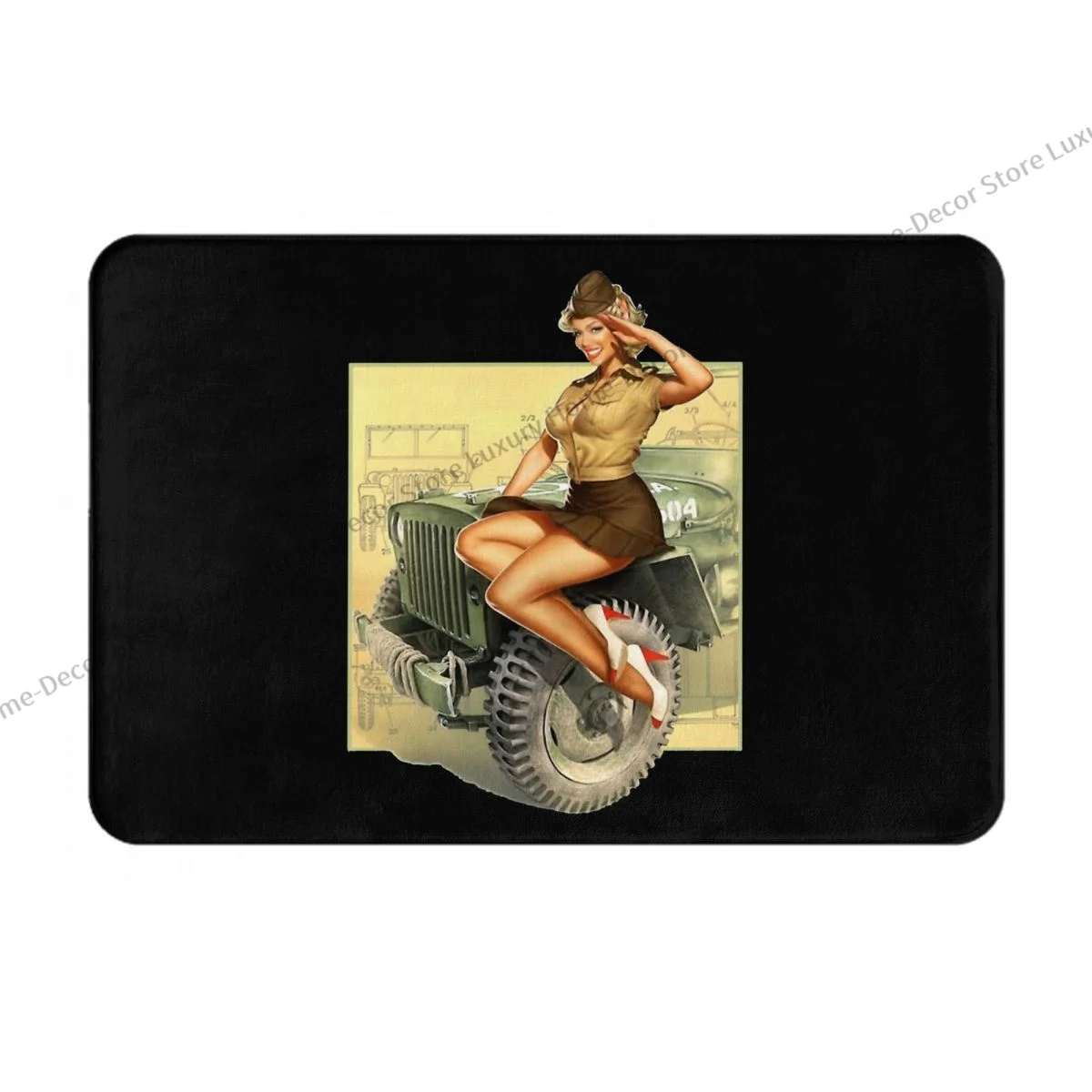 Kitchen Non-Slip Carpet Pin Up Girl WWII Willys MB Poster Vintage Flannel Mat Welcome Doormat Home Decor Rug