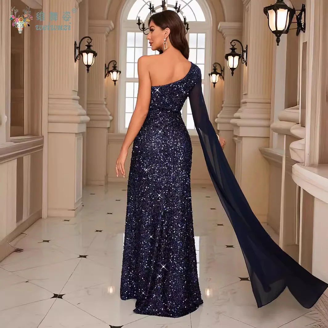 Robe de bal à paillettes bleu foncé scintillant, asymétrique épaule dénudée, fendue, Patchwork, en mousseline de soie, manches longues volantes, robe de soirée longue