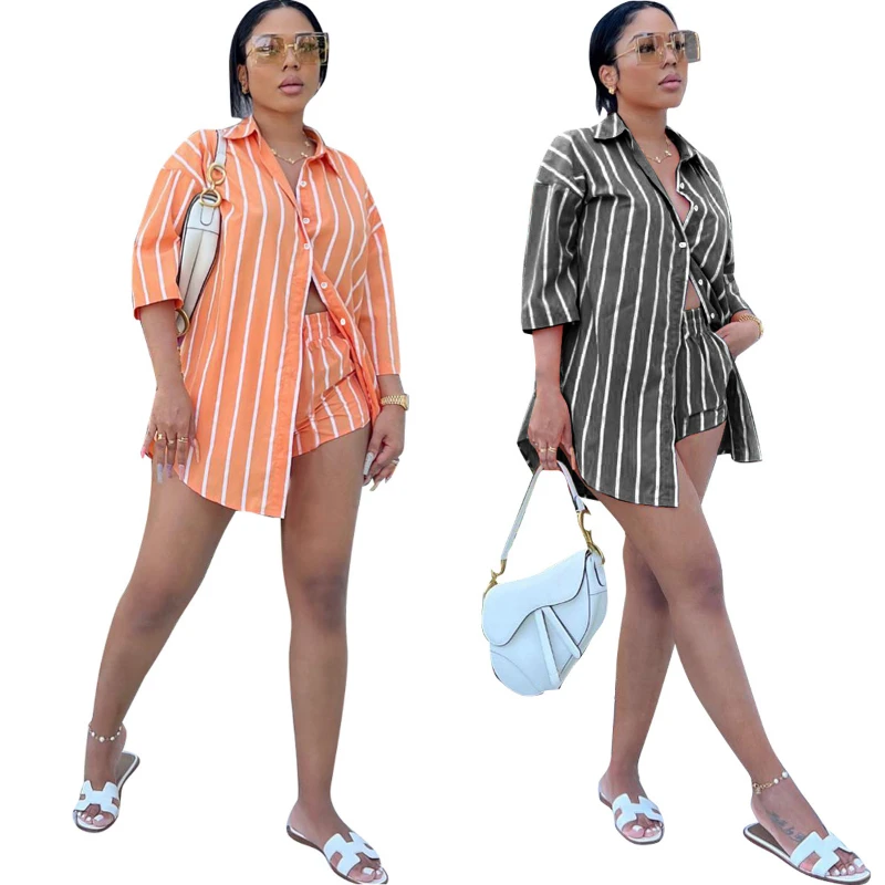 Striped Shirts Shorts Suit Women Two Piece Set Casual Half Sleeve Shirt Button Turn Down Collar Pocket Summer Elegant Outfits