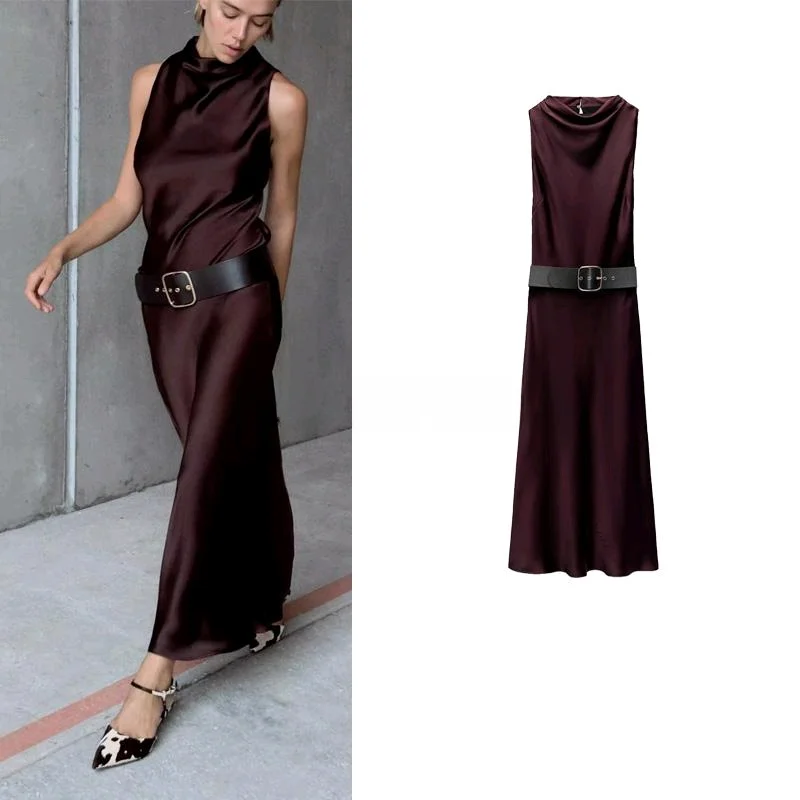 Wiosenna nowość: damska spódnica midi z satyny jedwabnej Ne Svel, okrągły dekolt, wysoki stan, elegancka, do pracy, długa, pojedynczy element.