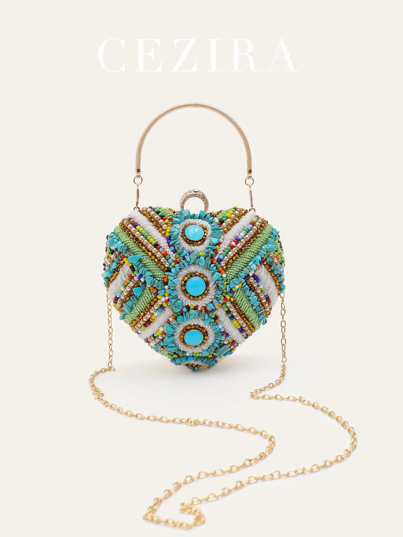 

CR Women's Glamorous Luxury Colorful Beads Pearls Heart Shape Evening Bag Top-handle Handbag Long Chain Purse For Party Wedding