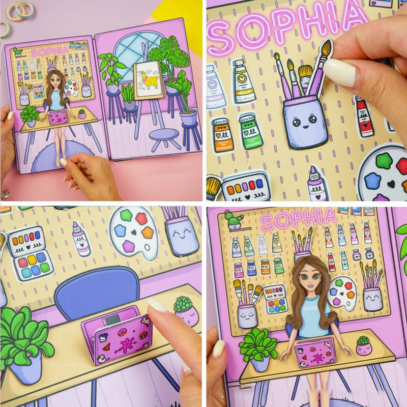 Bonito livro silencioso menina vestir-se adesivo artesanal diy quebra-cabeça brinquedos espremer livro brinquedo material pacote para crianças presentes