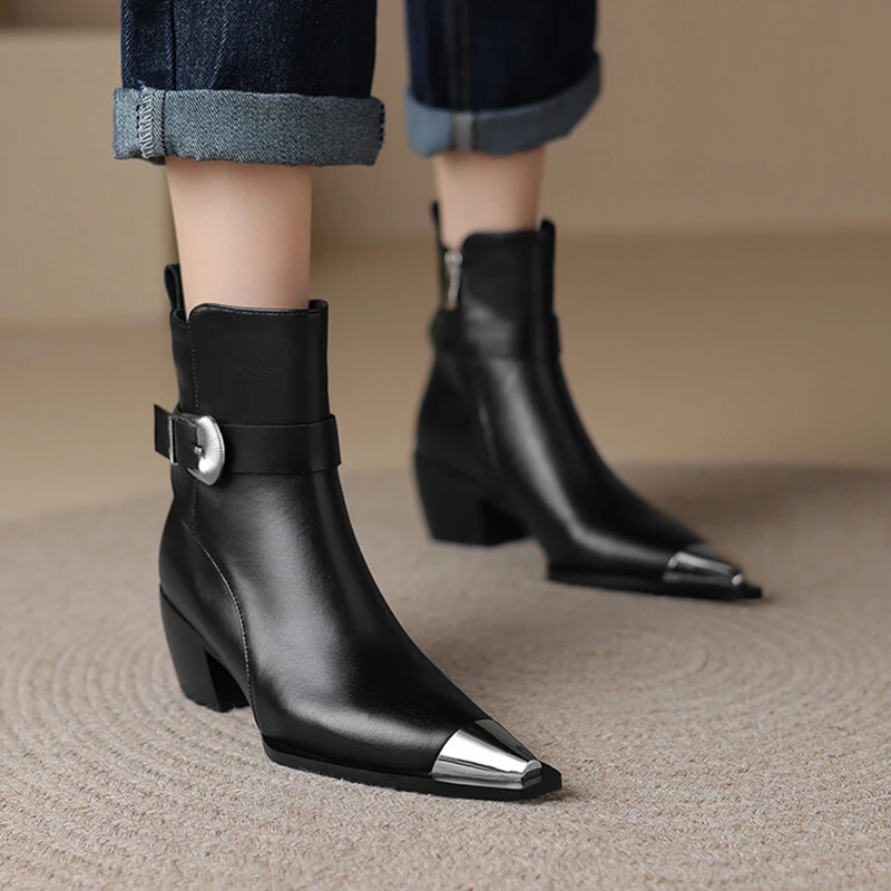 

NEW Autumn Boots Women Split Leather Shoes for Women Pointed Toe Ankle Boots Chunky Heel Shoes Western Boots Metal Buckle Boots