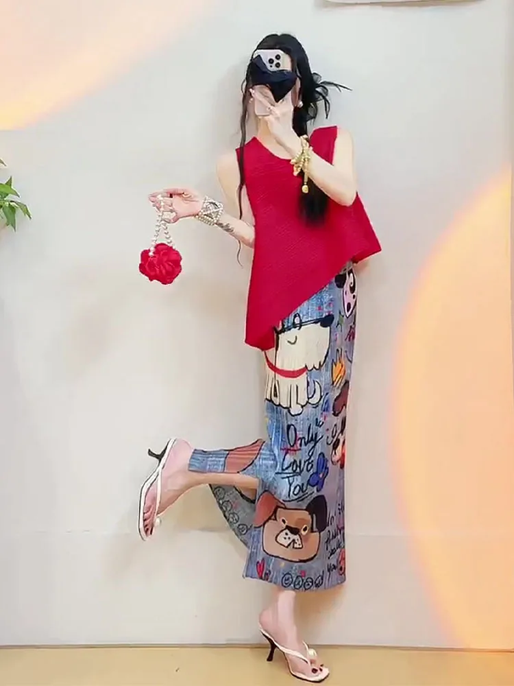 

Red Cartoon Pattern Half Skirt Set Women's Fashion Summer Outfit Three Houses Artistic Creation Breathable Polyester Casual S...