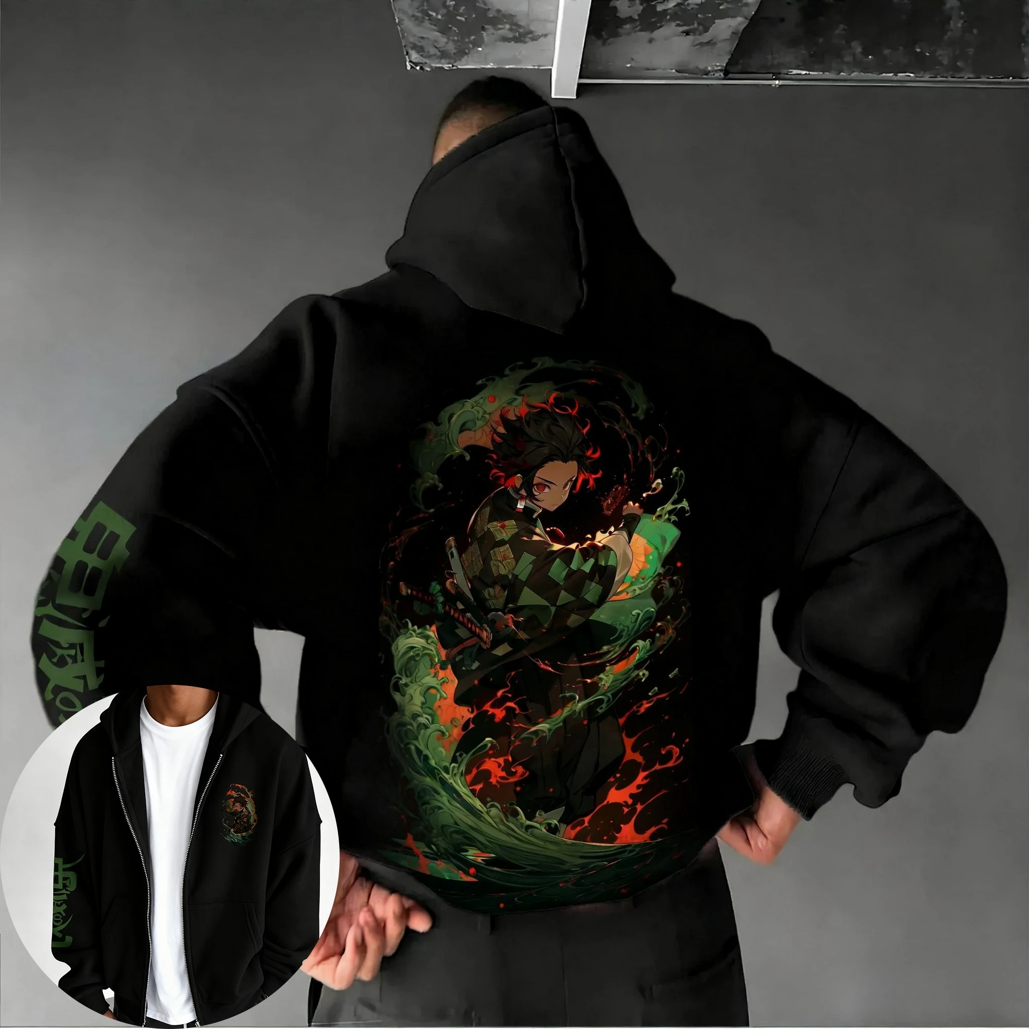 

Anime Demon Slayer Kamado Tanjirou Pattern Printed Zipper Hoodie 2025 Autumn/Winter Men's Women's Casual Cotton Zipper Hoodie