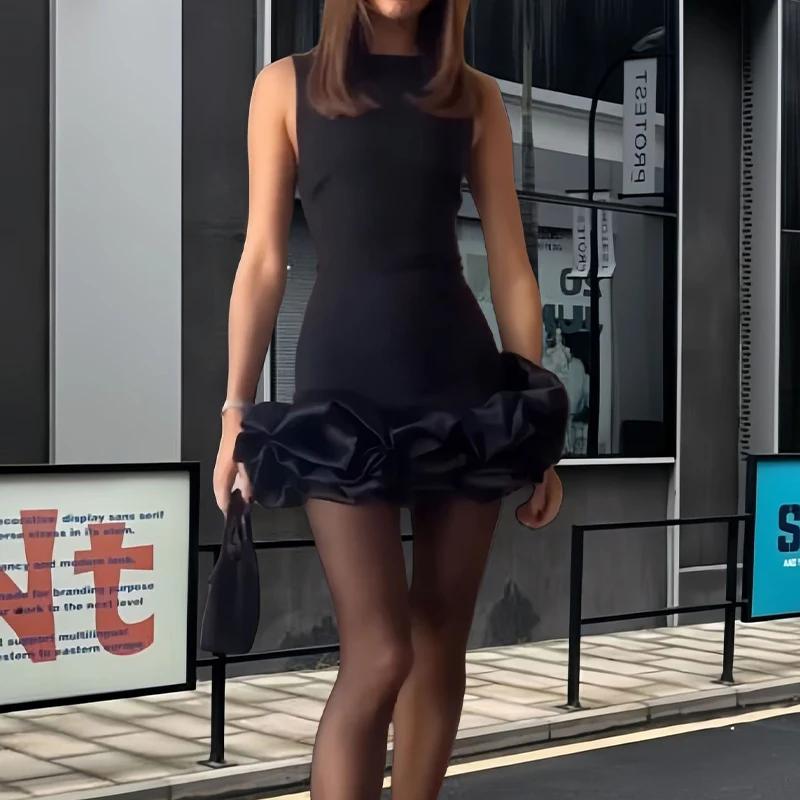 OMSJ verano elegante dulce sin mangas vestido de burbuja Color sólido cintura alta moda delgada cuello redondo árbol comestible hongo dobladillo Mini vestido sin mangas