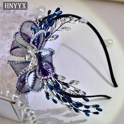 HNYYX Vintage Blue Crystal Hair Accessories Flower Mesh Headband Baroque Fashion Headpieces for Women Bridal Jewelry Gift A220