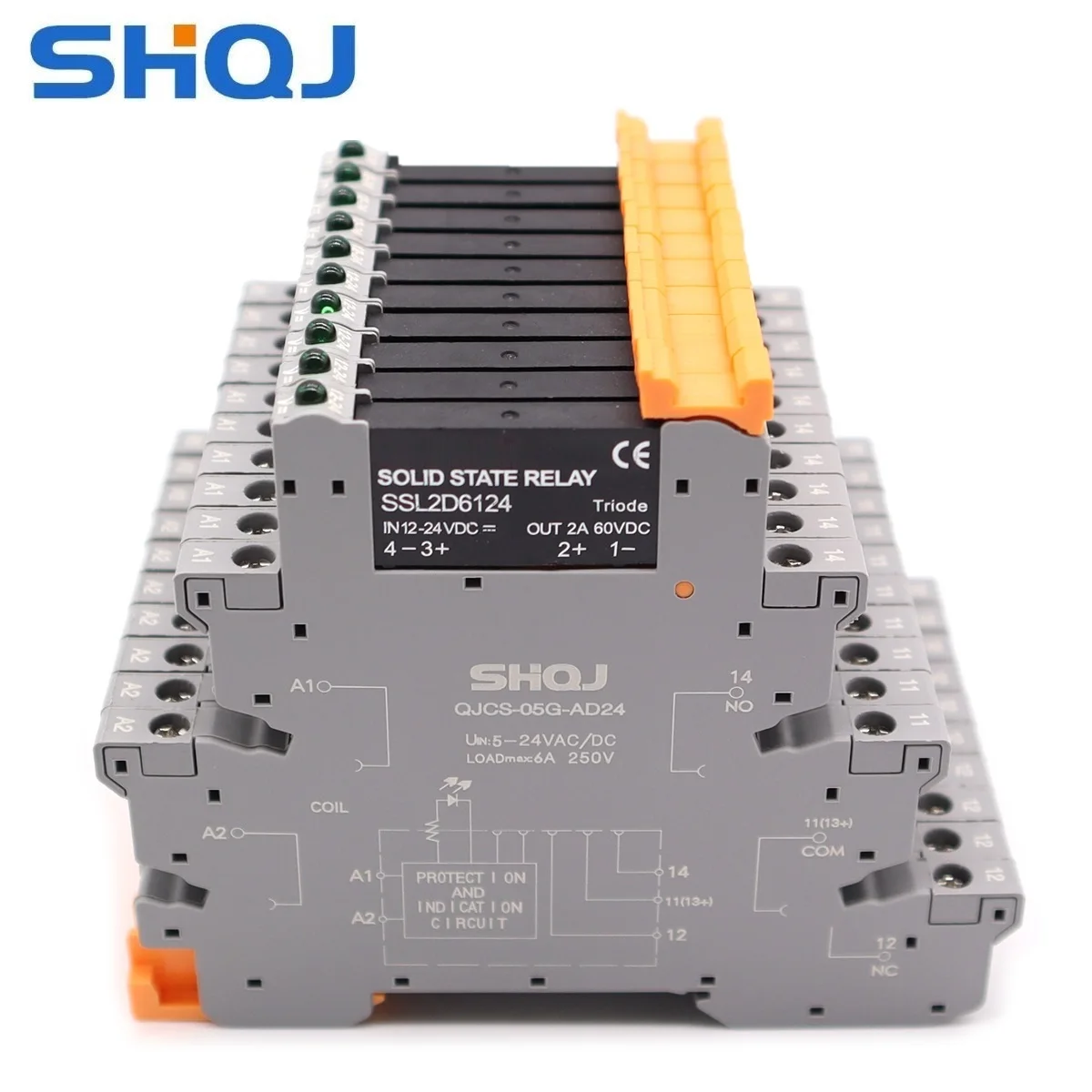 SHQJ DIN Rail Mount Interface SSR Slim Relay, QJCS-05G-AD24 SSR IN 12-24V DC Coil, 2A 6A SPNO DC control DC DC control AC