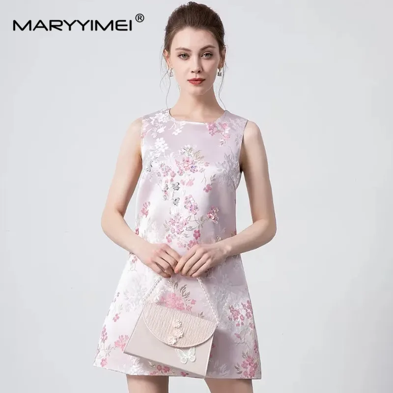 

MARYYIMEI Fashion Women's New Vintage Printed Embroidered Sequin Diamond Nail Beads Elegant Sleeveless Floral Tank Mini Dresses