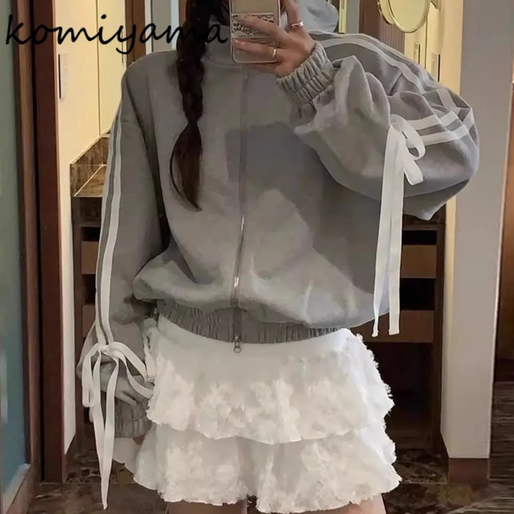 

Contrast Stripe Lace-up Bow Chaquetas De Mujer 2025 Jacket Stand Collar Woman Jackets Autumn New Casaco Sweet Outerwears