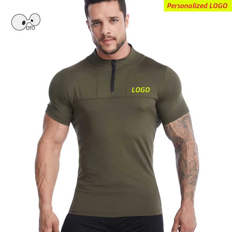 

Summer Quick Dry Short Sleeve Running Shirt Men Half Zipper Stand Collar Sport Tops Gym Fitness Sports Rashgard Personalized