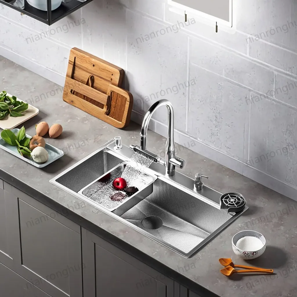 

Water Fall Digital Display Kitchen Sink 304 Stainless Steel Honeycomb Oversize Big Size House Home Handmade Cup Washer Sink