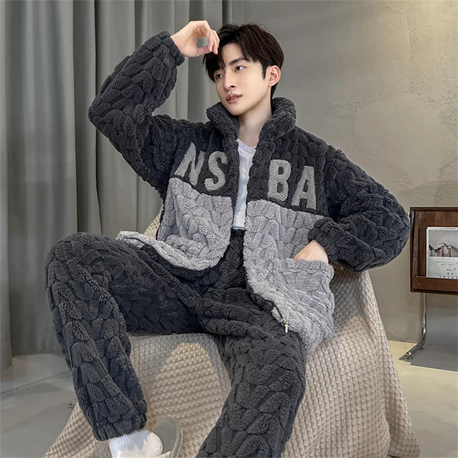 2024 New Winter Warm Pajama Sets Men Stand Collar Coral Fleece Coat + Long Pants Sleepwear for Sleeping Men\'s 2 Pieces Loungwear