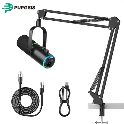 Pupgsis Dynamic Podcast Microphone for Studio, Cardioid XLR/USB Mic, AI Noise Cancellation, Mute Button, 3.5mm Headphone Jack for Monitoring, Volume Control, Microfono with Boom Arm