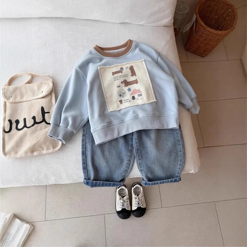 Spring 2026 Kids' round Neck Sweatshirt Thin Cotton Blend Fabric Cartoon Print Unisex Toddler And Kids' Fashionable Top