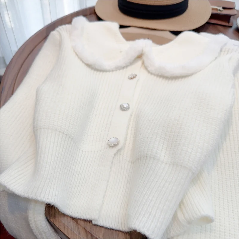 Doll Collar Pink Solid Lazy Wind Cashmere Jacket White Women's Clothing Knitting Sweater Pullover Vintage Fashion Autumn Tops