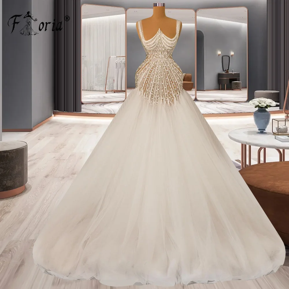 

Princess Pearls Crystal Tulle Wedding Dress Sheer Sleeveless A Line Luxury Bridal Gown Vestidos de noche Formal Occasion Party